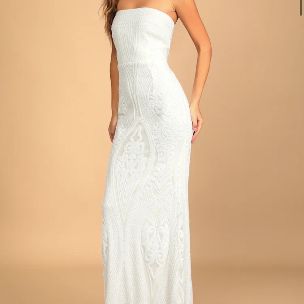 Lulu's White Strapless Sequin Bridal Dress